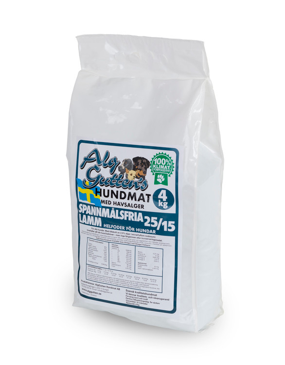 Spannmålsfritt Hundfoder Lamm 25/15 - 4 kg - AlgGutten