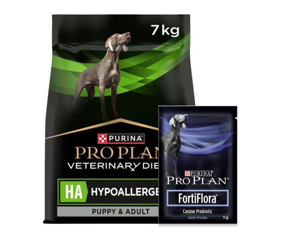 Veterinary Diets HA Hypoallergenic + FortiFlora - 7 kg + 7-pack FortiFlora - Purina Pro Plan
