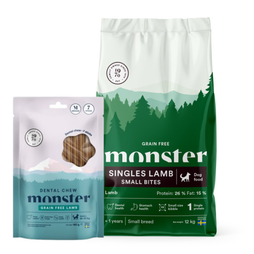 Köp Dog Single Lamb Small Bites - få Dental Chew på köpet! - 12 kg + Dental Chew - Monster