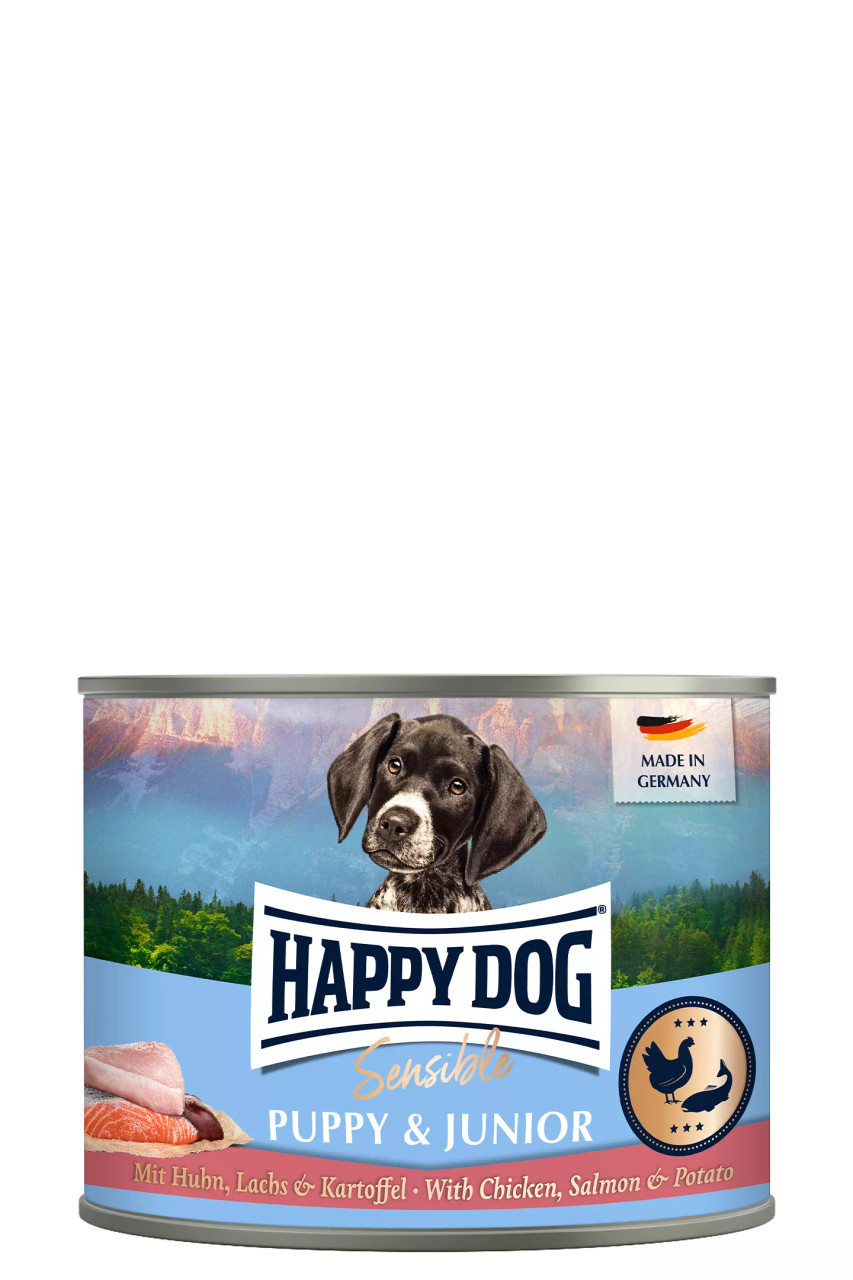 Sensible Puppy & Junior Kyckling, Lax och Potatis Våtfoder - 6 x 200 g - HappyDog
