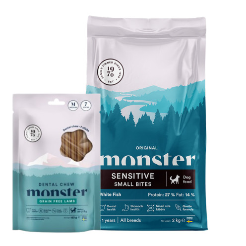 Köp Dog Sensitive White Fish Small Bites - få Dental Chew på köpet! - 12 kg + Dental Chew - Monster