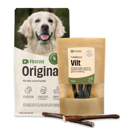 Köp FirstVet Original - extra smakligt foder för hundar 12 kg - få tuggben på köpet! - 12 kg + 100 g - FirstVet