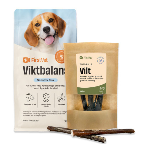 Köp FirstVet Sensitiv Viktbalans, hundfoder för känsliga magar, med lägre fetthalt 12 kg - få tuggben på köpet! - 12 kg + 100 g - FirstVet
