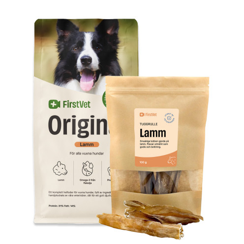 Köp FirstVet Original Lamm, milt och snällt foder för hundar 12 kg - få tuggben på köpet! - 12 kg + 100 g - FirstVet