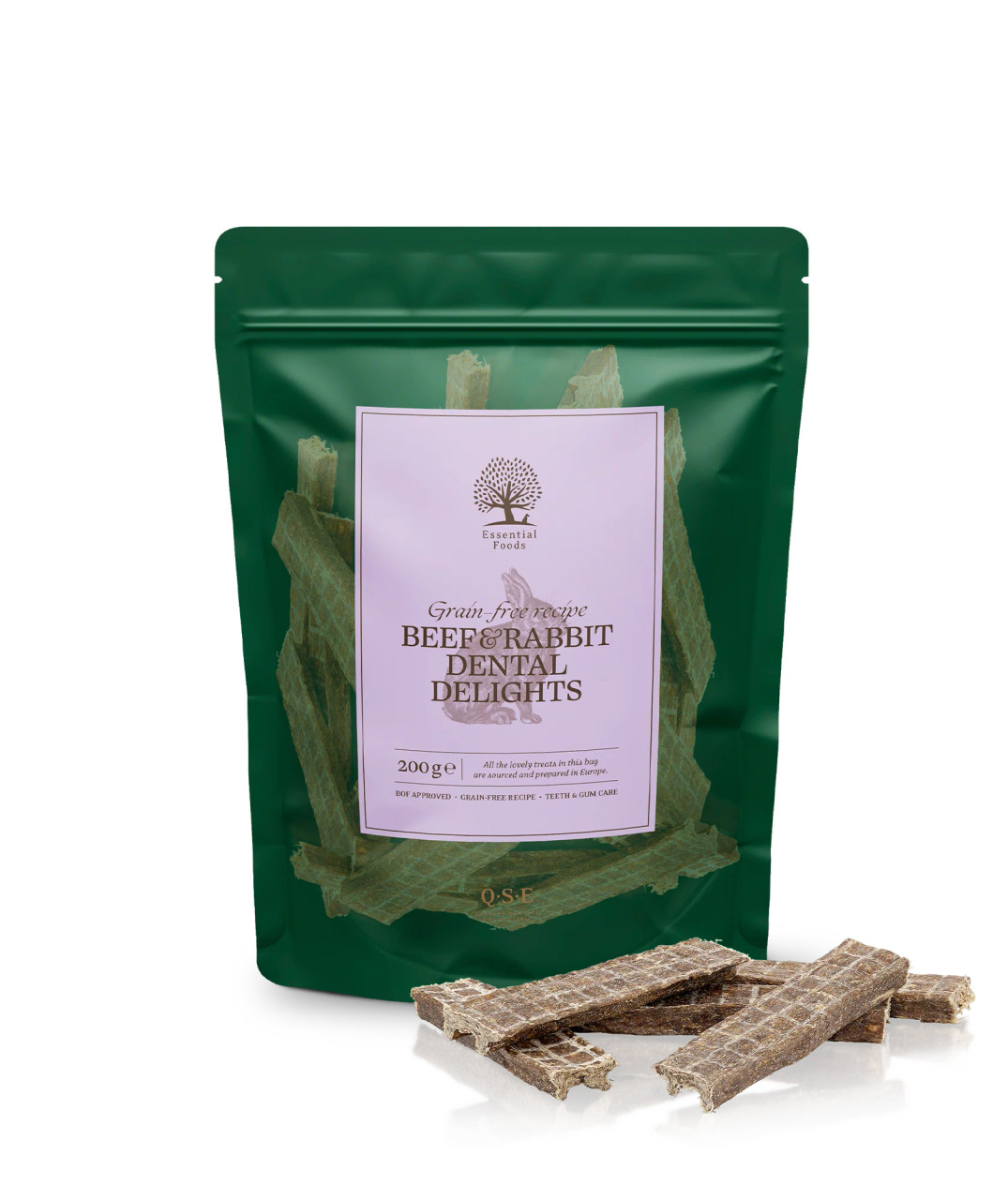 Essential Grain-Free Beef & Rabbit Dental Delights Tuggben för Hund - 200 g - Essential Foods