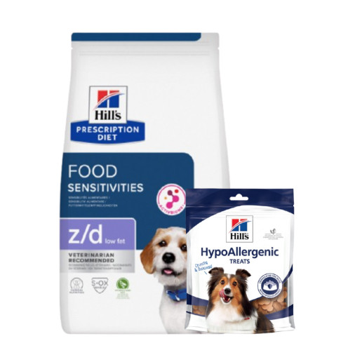 Treats + Prescription Diet z/d Low Fat Adult Food Sensitivities Torrfoder till Hund - 10 kg + treats - Hill’s