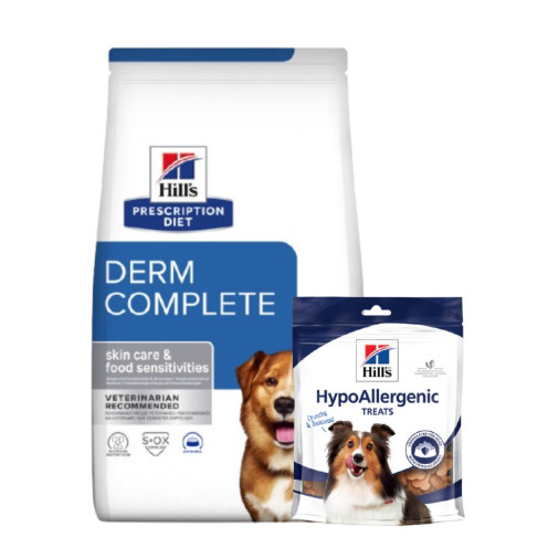Treats + Prescription Diet Derm Complete Torrfoder till Hund - 12 kg + treats - Hill’s