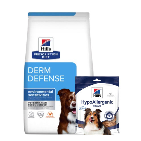 Treats + Prescription Diet Derm Defense Torrfoder med Kyckling Hundfoder - 12 kg + treats - Hill’s