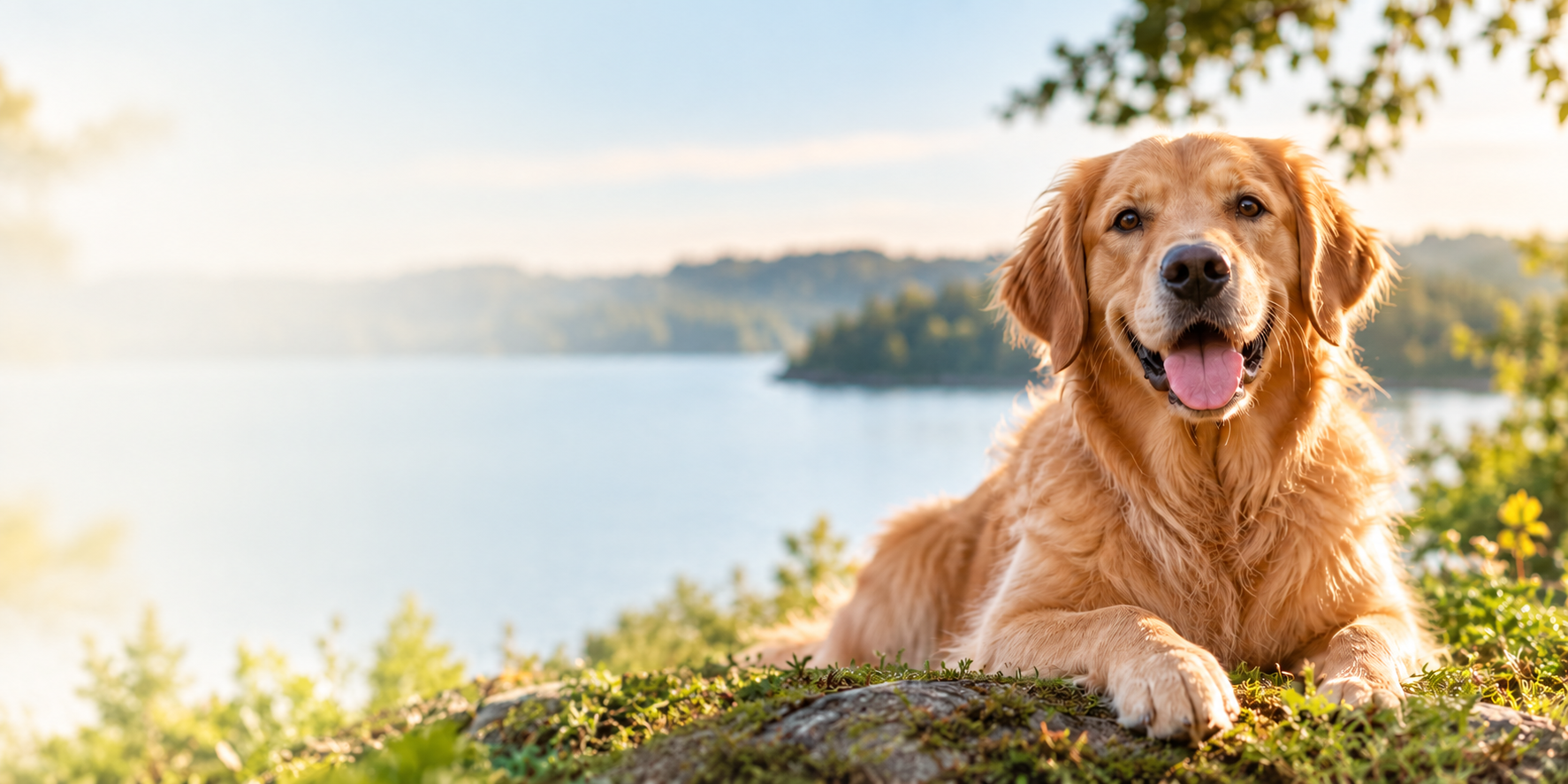 Golden retriever vid en sjö