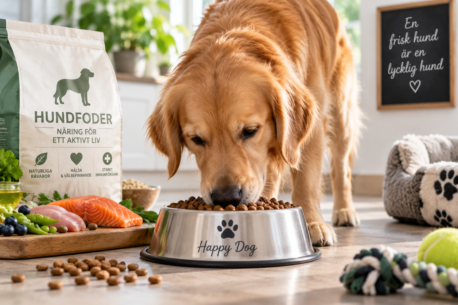 Hund som äter torrfoder ur matskål