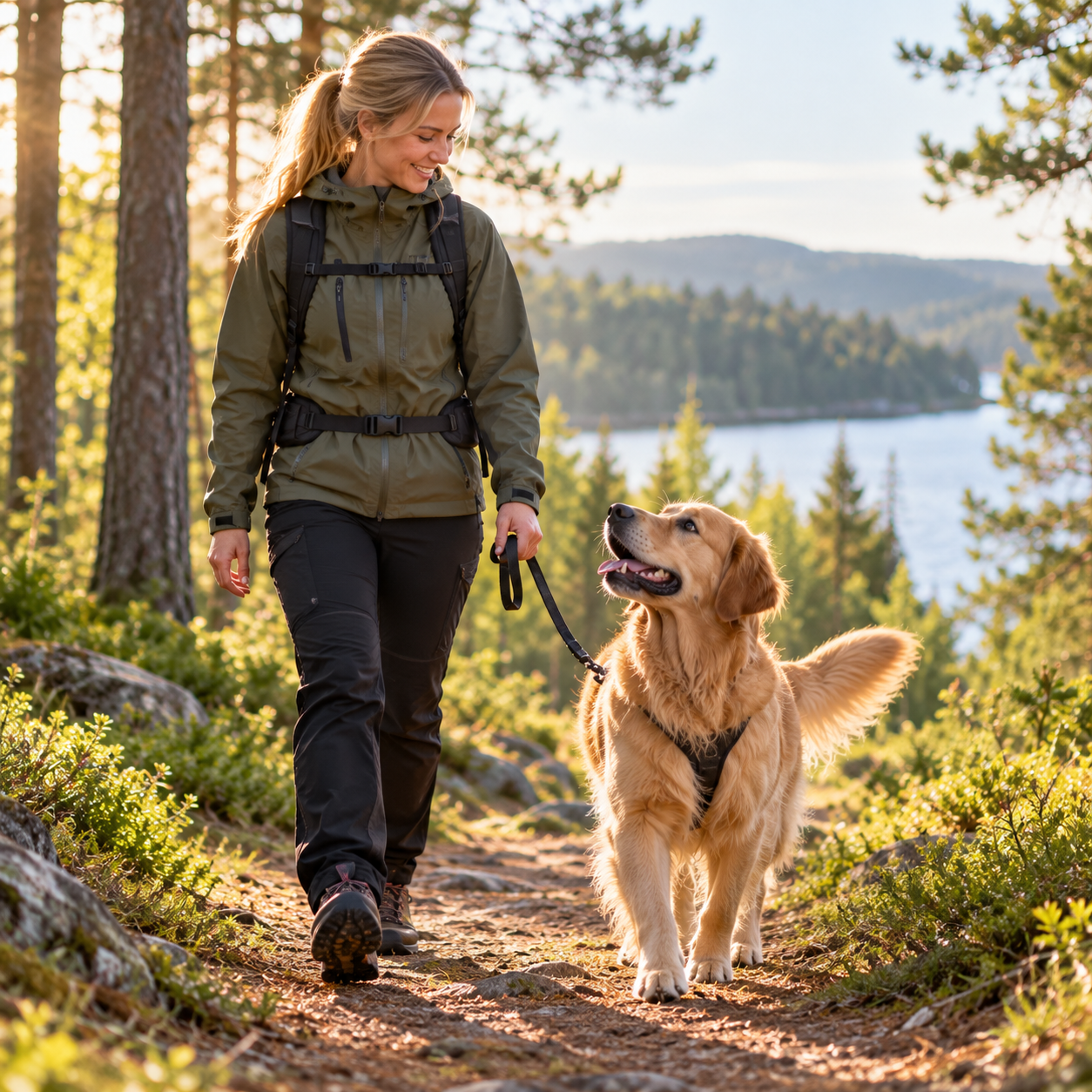 Hund och hundägare ute på promenad