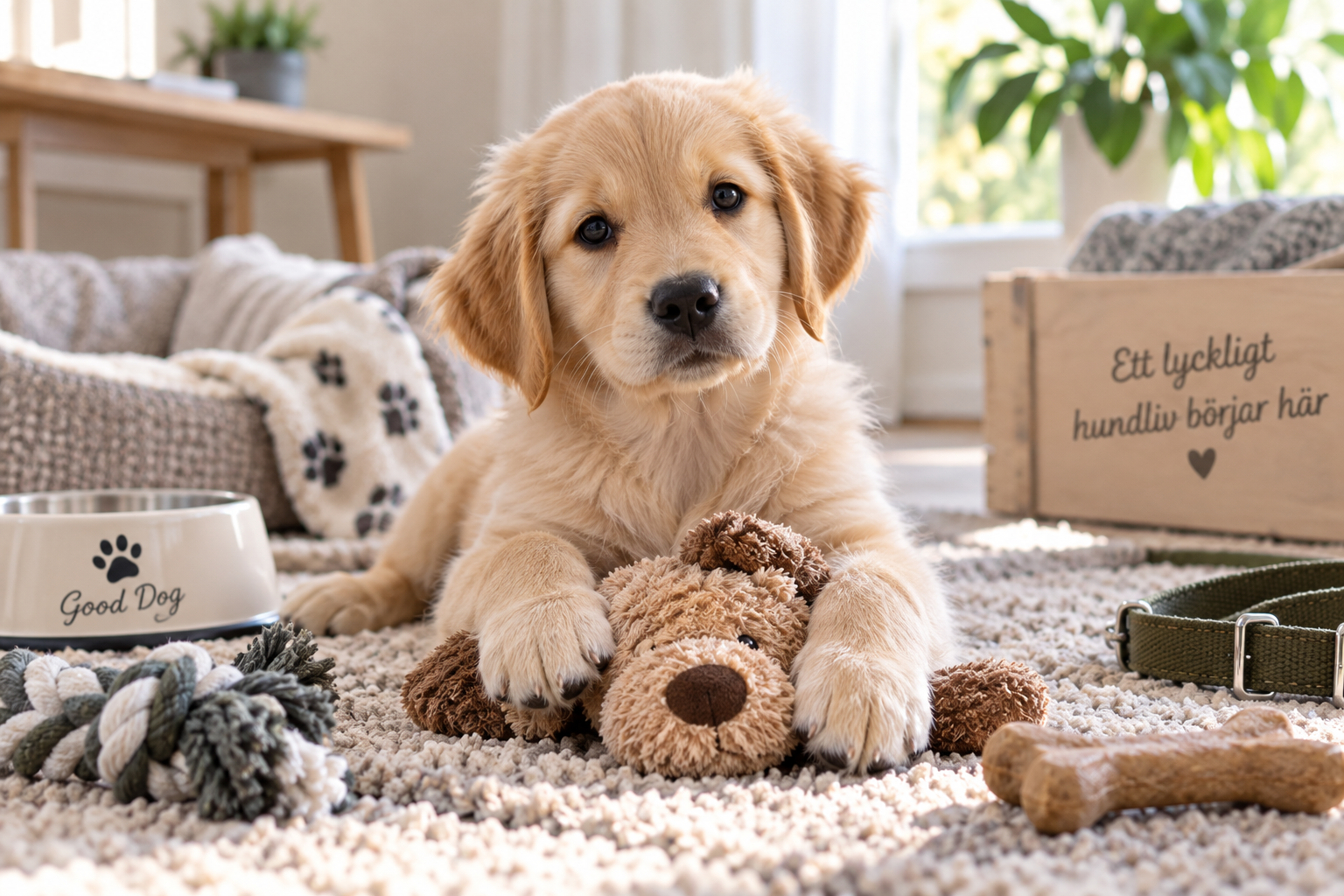 Golden retriever-valp i sitt nya hem